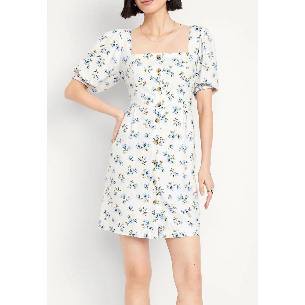 Old Navy Women's Puff Sleeve Square Neck Linen Rayon Ditsy Floral Mini Dress - L